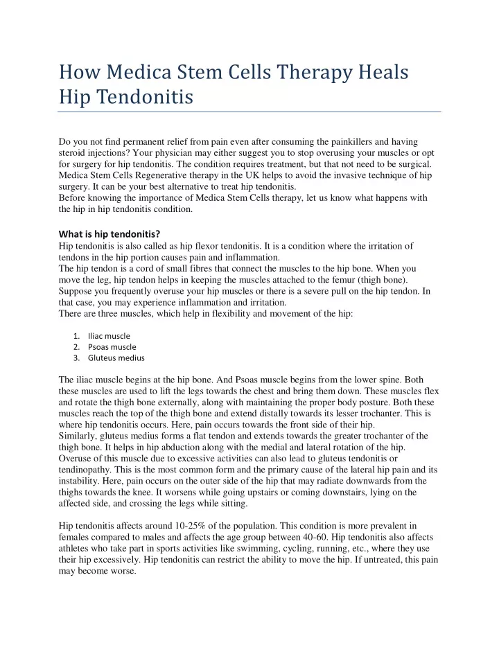 how medica stem cells therapy heals hip tendonitis