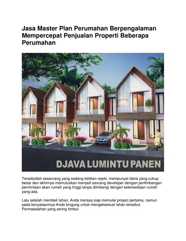 Jasa Master Plan Perumahan Berpengalaman Mempercepat Penjualan Properti Beberapa Perumahan