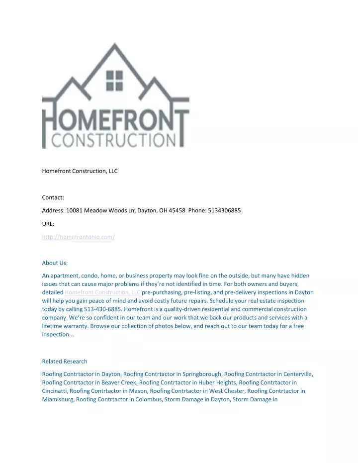 homefront construction llc contact address 10081