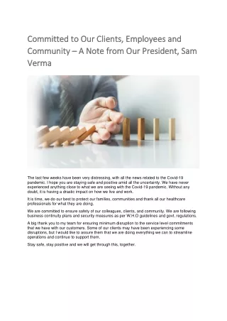 Committed to Our Clients, Employees and Community – A Note from Our President, Sam Verma