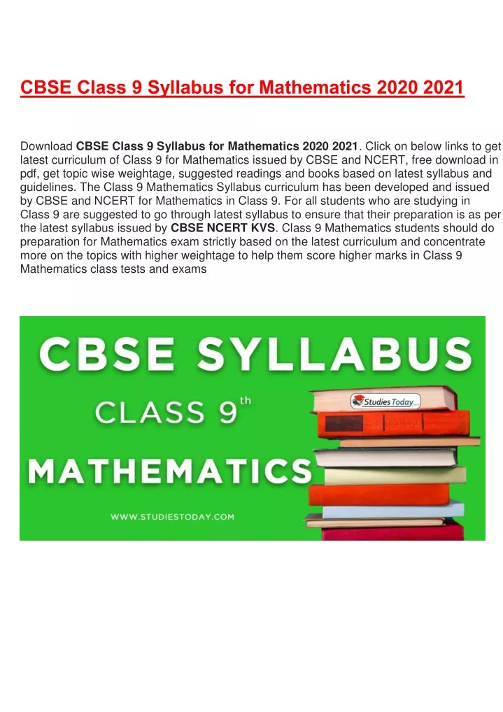 cbse class 9 syllabus for mathematics 2020 2021
