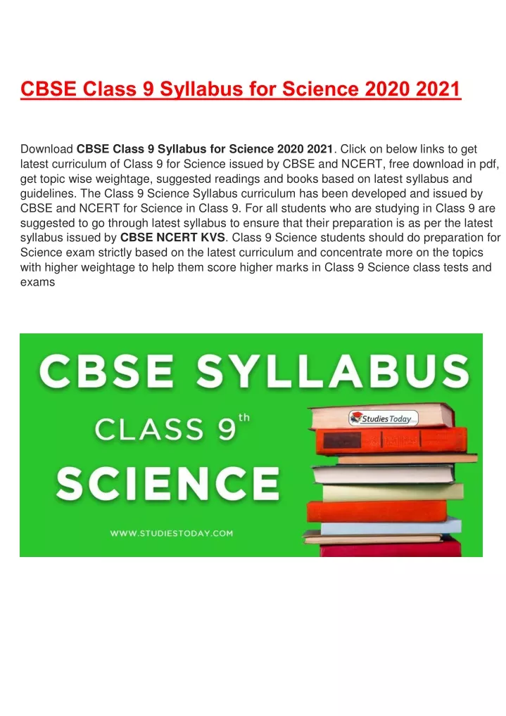 cbse class 9 syllabus for science 2020 2021