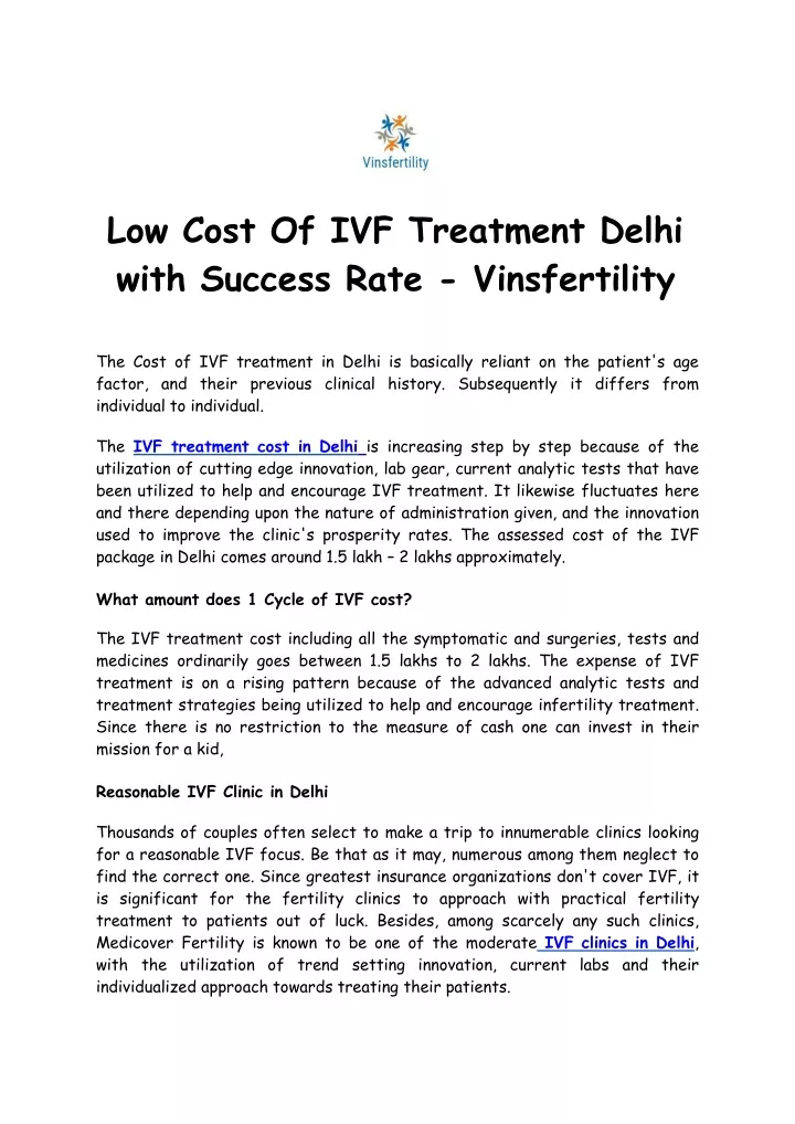 low cost of ivf treatment delhi with success rate vinsfertility