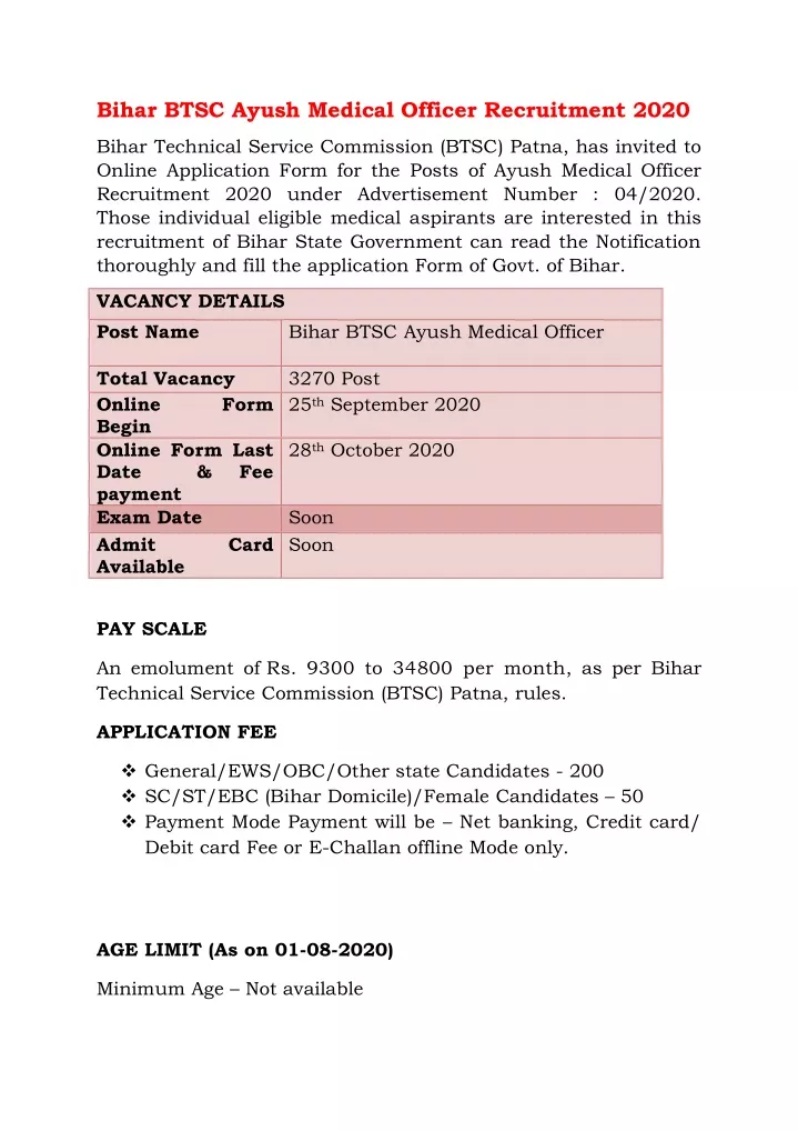bihar btsc ayush medical officer recruitment 2020