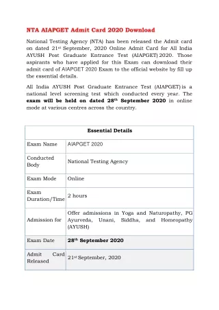 nta aiapget admit card 2020 download