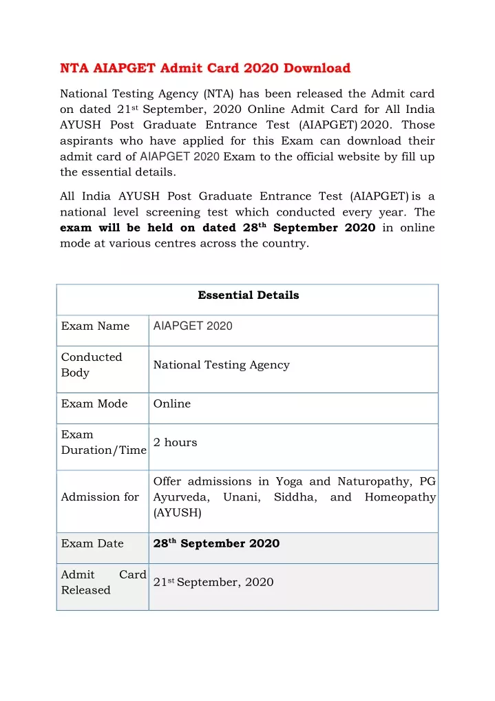 nta aiapget admit card 2020 download