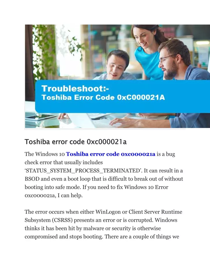 toshiba error code 0xc000021a