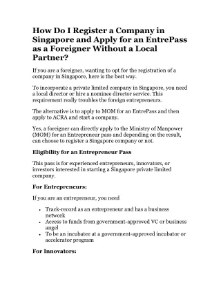 How Do I Register a Company in Singapore and Apply for an EntrePass as a Foreigner Without a Local Partner?