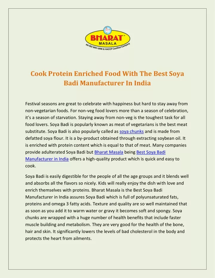 cook protein enriched food with the best soya