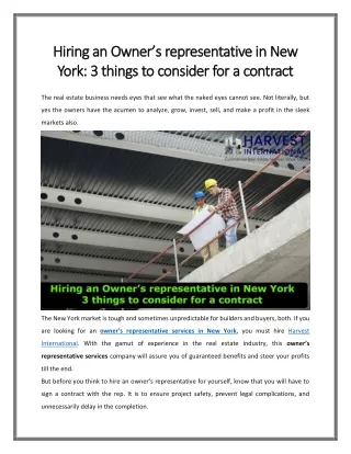 Hiring an Owner’s representative in New York: 3 things to consider for a contract