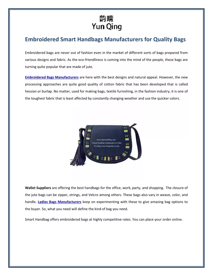 embroidered smart handbags manufacturers