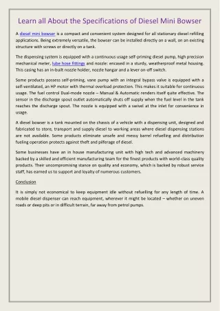 learn all about the specifications of diesel mini