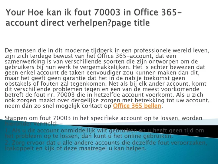 your hoe kan ik fout 70003 in office 365 account direct verhelpen page title