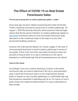 The Effect of COVID-19 on Real Estate Foreclosure Sales