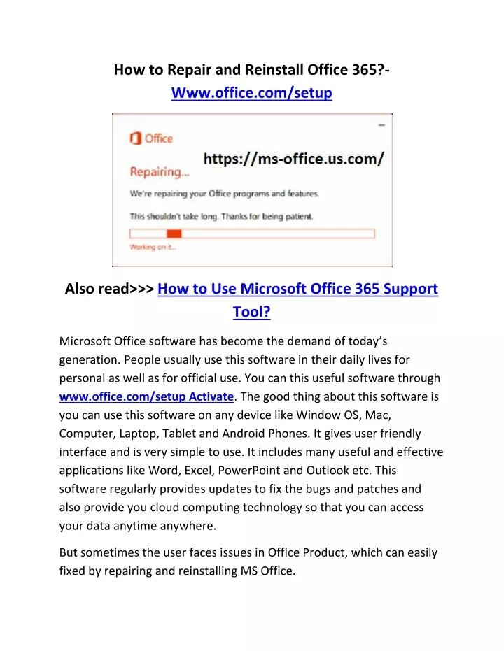 how to repair and reinstall office 365 www office