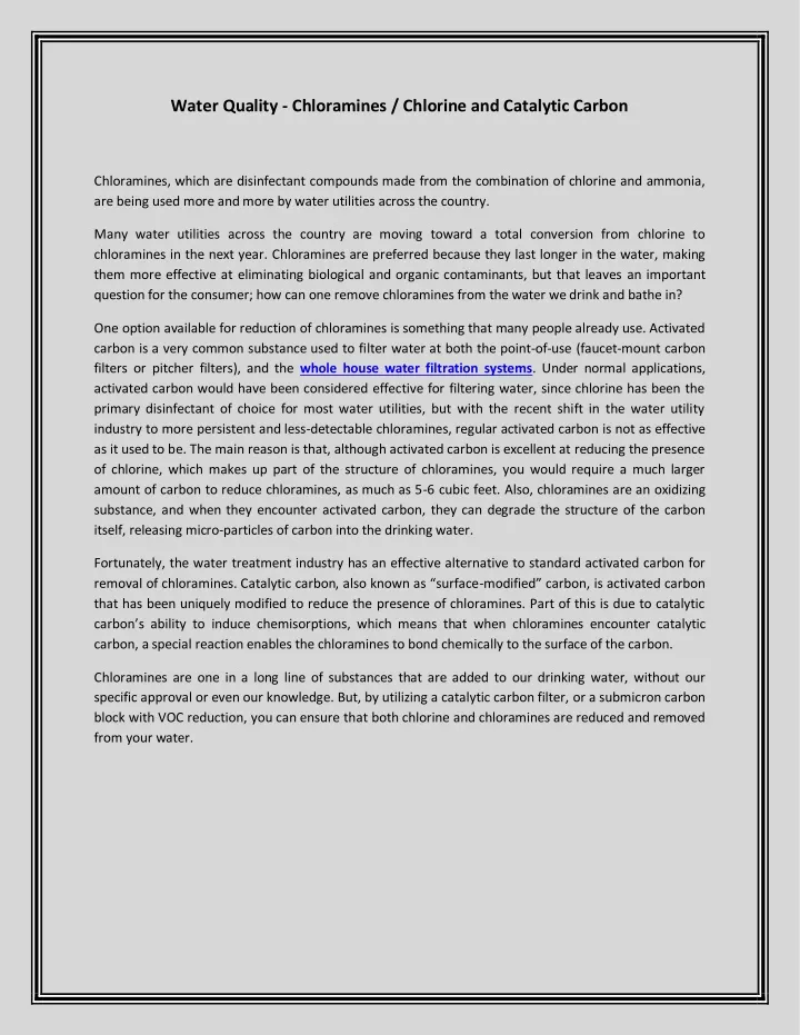 water quality chloramines chlorine and catalytic