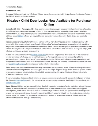 Kidzlock Child Door Locks Now Available for Purchase Online