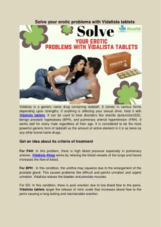 Solve your erotic problems with Vidalista tablets