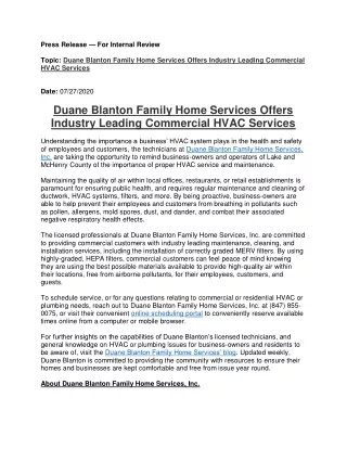 Duane Blanton Family Home Services Offers Industry Leading Commercial HVAC Services