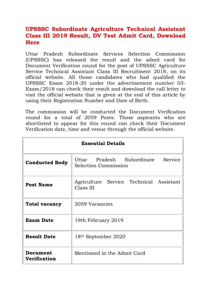 upsssc subordinate agriculture technical