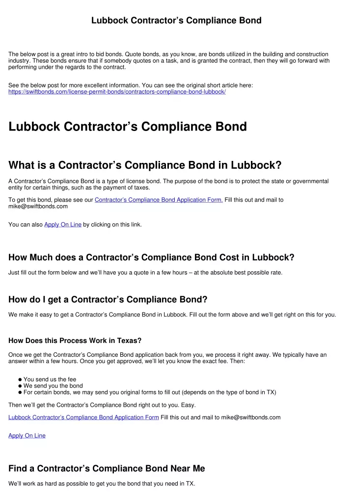 lubbock contractor s compliance bond