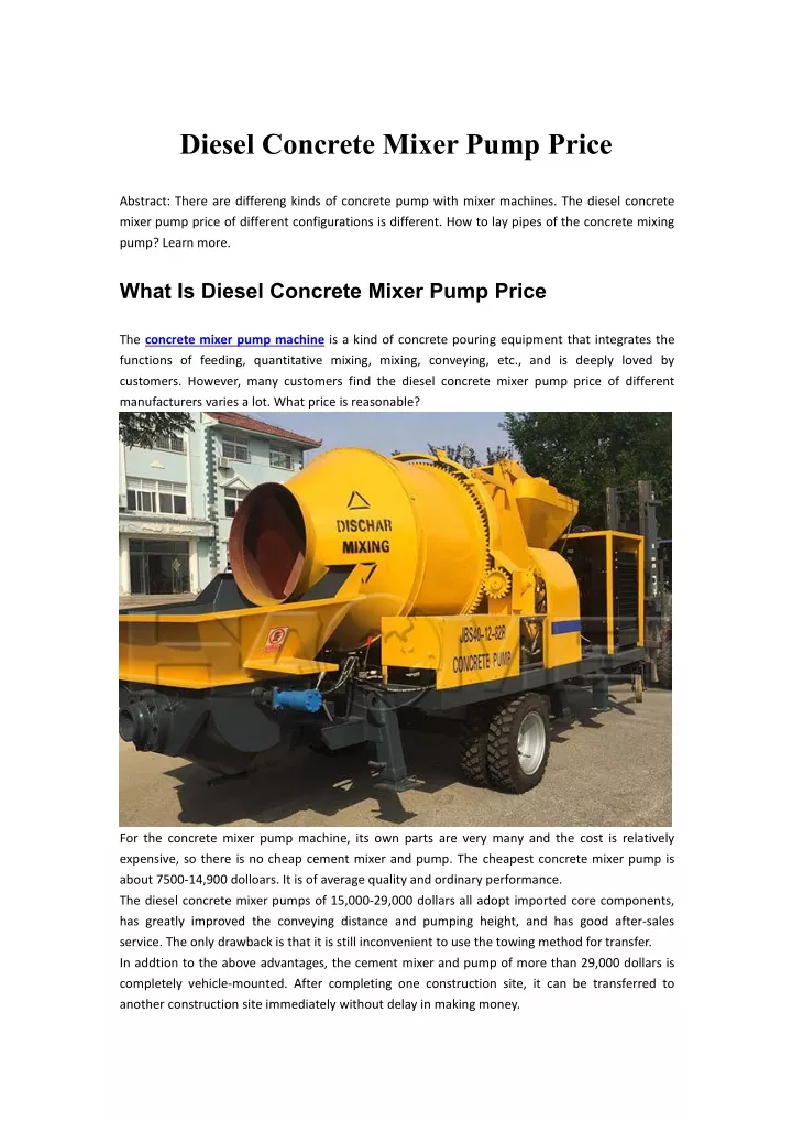 diesel concrete mixer pump price