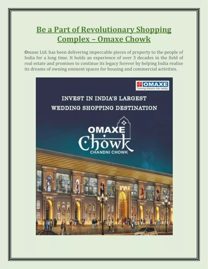 be a part of revolutionary shopping complex omaxe