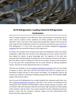 ALTA Refrigeration- Leading Industrial Refrigeration Contractors