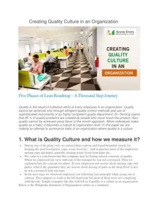 Creating Quality Culture in an Organization