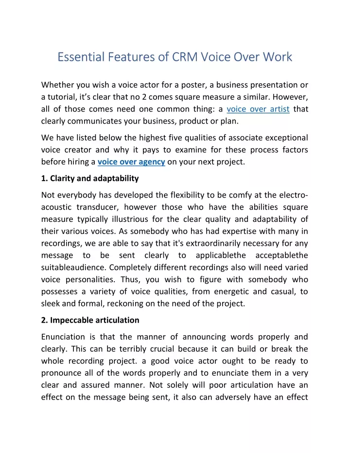 essential features of crm voice over work