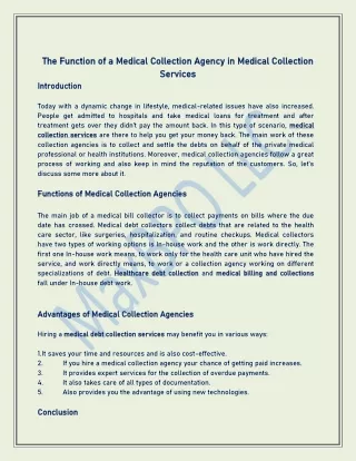 The Function of a Medical Collection Agency in Medical Collection Services