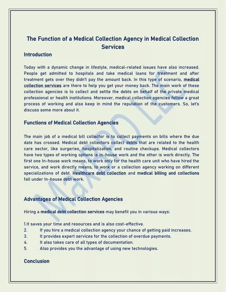 the function of a medical collection agency