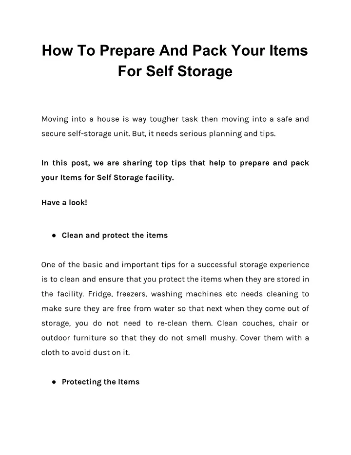 how to prepare and pack your items for self