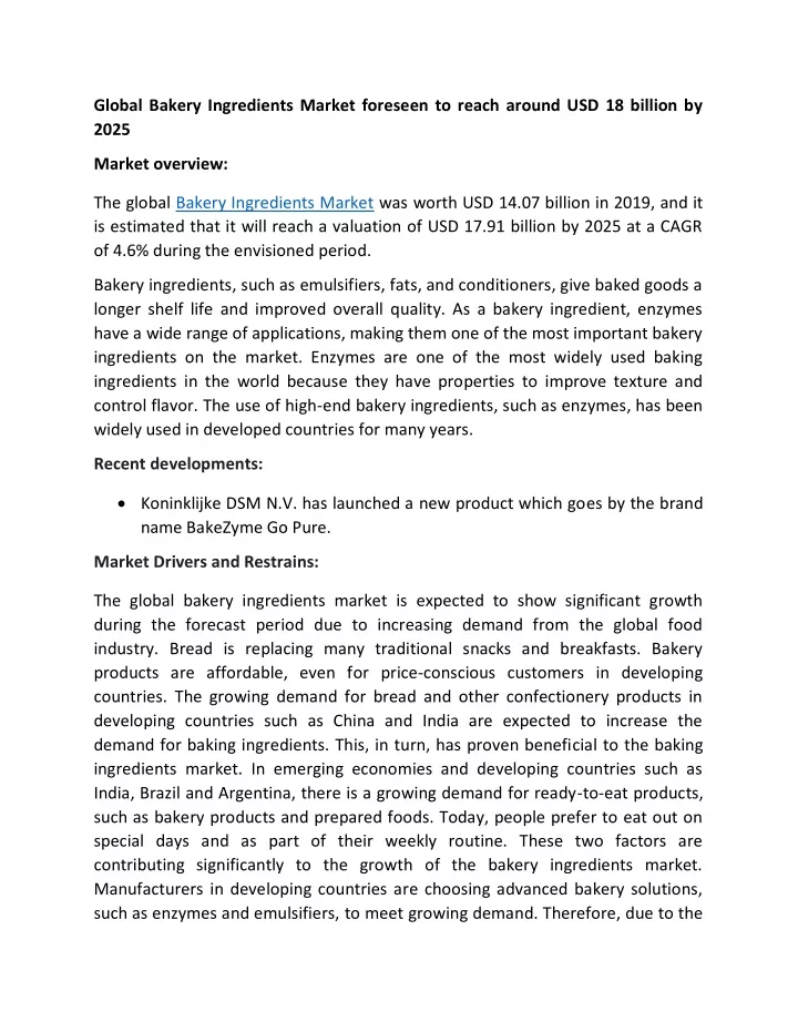 global bakery ingredients market foreseen