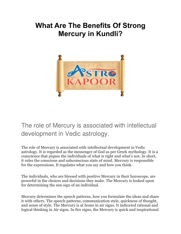 what are the benefits of strong mercury in kundli