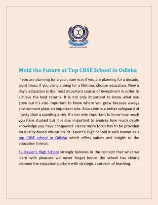 Mold the Future at Top CBSE School in Odisha