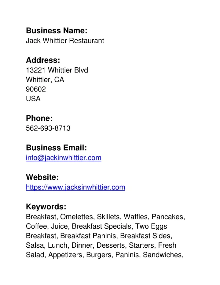 business name jack whittier restaurant address