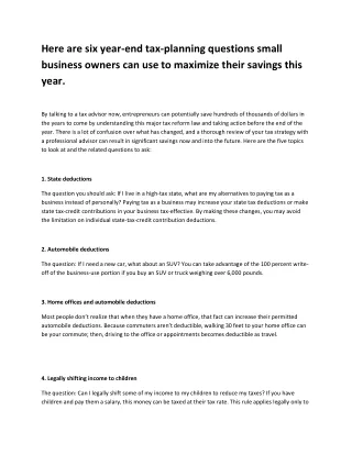 Here are six year-end tax-planning questions small business owners can use to maximize their savings this year.