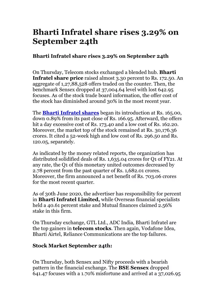 bharti infratel share rises 3 29 on september 24th