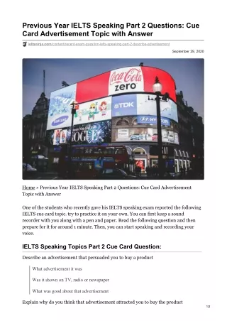 Previous Year IELTS Speaking Part 2 Questions Cue Card Advertisement Topic with Answer