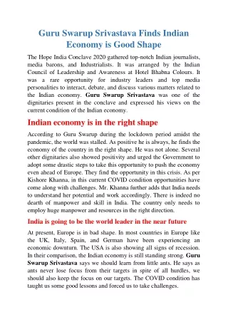 Guru Swarup Srivastava Finds Indian Economy is Good Shape