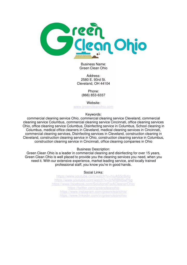 business name green clean ohio address 2580