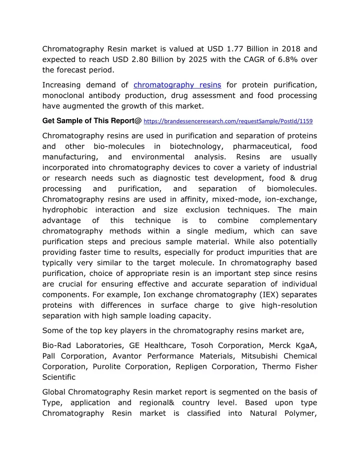 chromatography resin market is valued