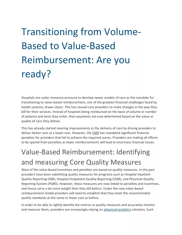 transitioning from volume based to value based