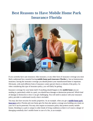 Best Reasons to Have Mobile Home Park Insurance Florida