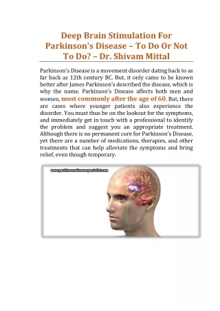 Deep Brain Stimulation For Parkinson's Disease – To Do Or Not To Do? - Dr. Shivam Mittal