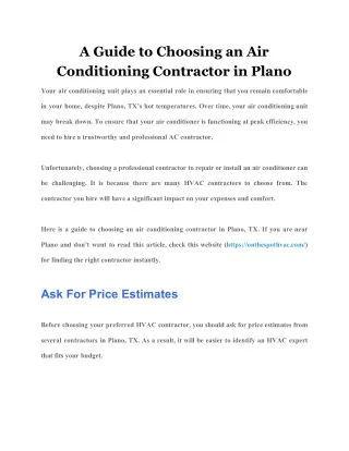 A Guide to Choosing an Air Conditioning Contractor in Plano