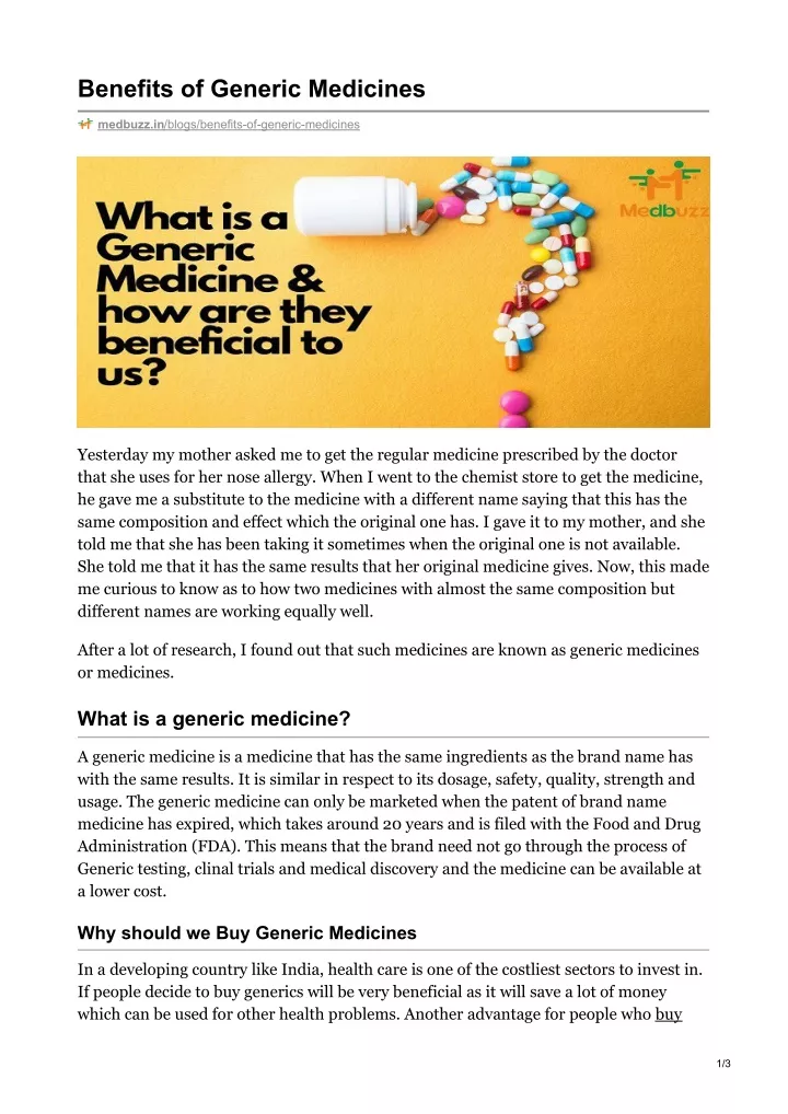 benefits of generic medicines