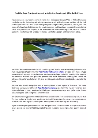 Find the Pool Construction and Installation Services at Affordable Prices