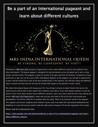 be a part of an international pageant and learn about different cultures